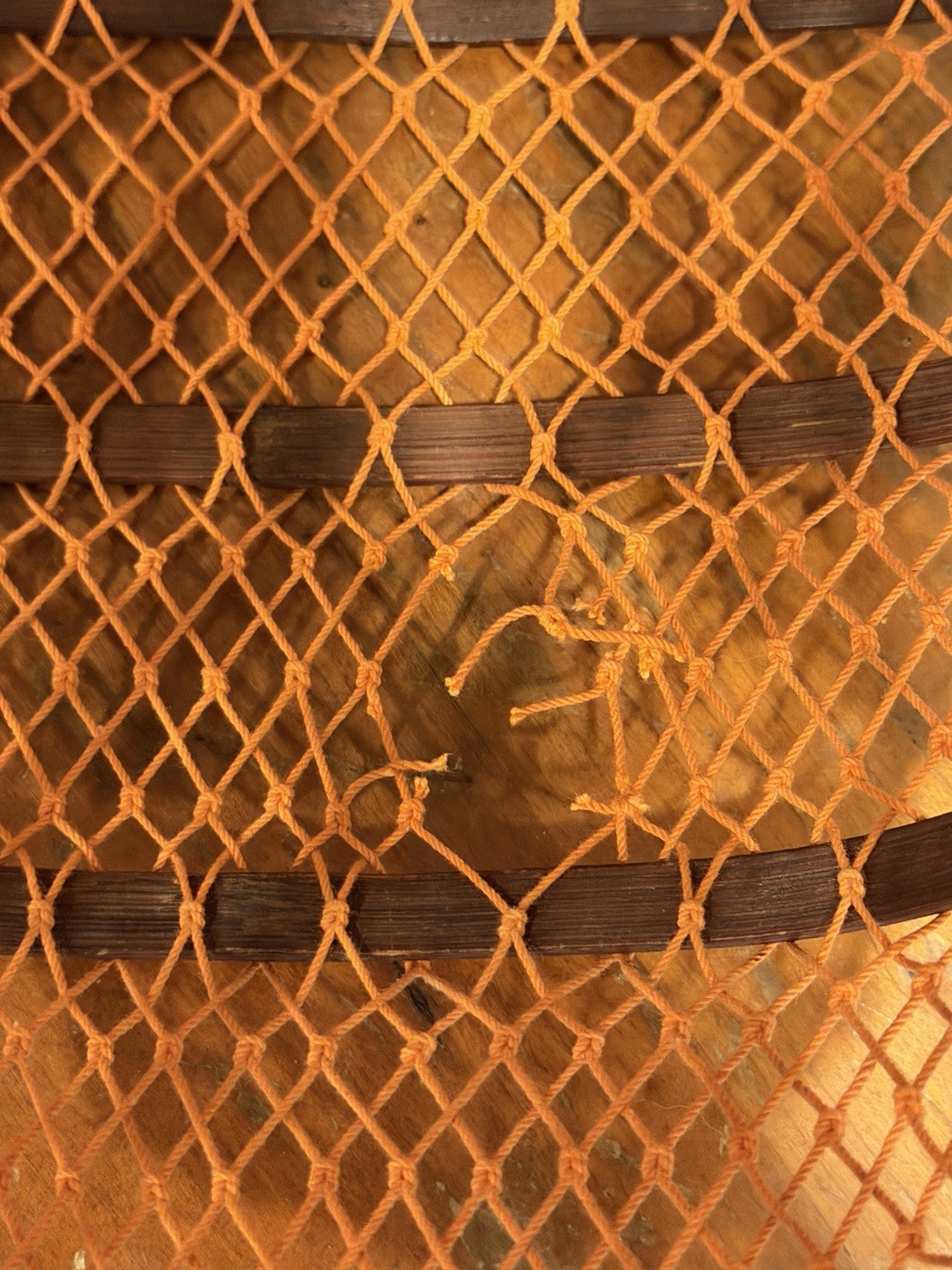 Vtg 1950s Japanese Folding Bamboo Basket Purse Orange Fishnet Collapsible Bag