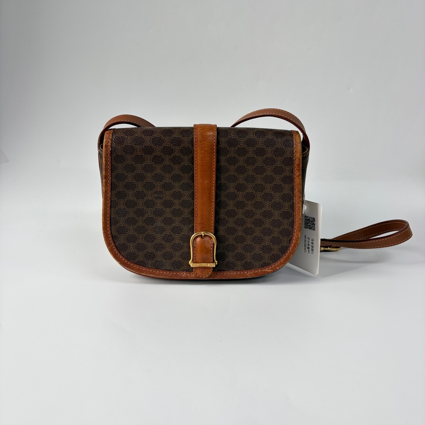 Celine VTG Macadam Monogram Saddle Bag Tan Leather Trim Crossbody Shoulder Bag