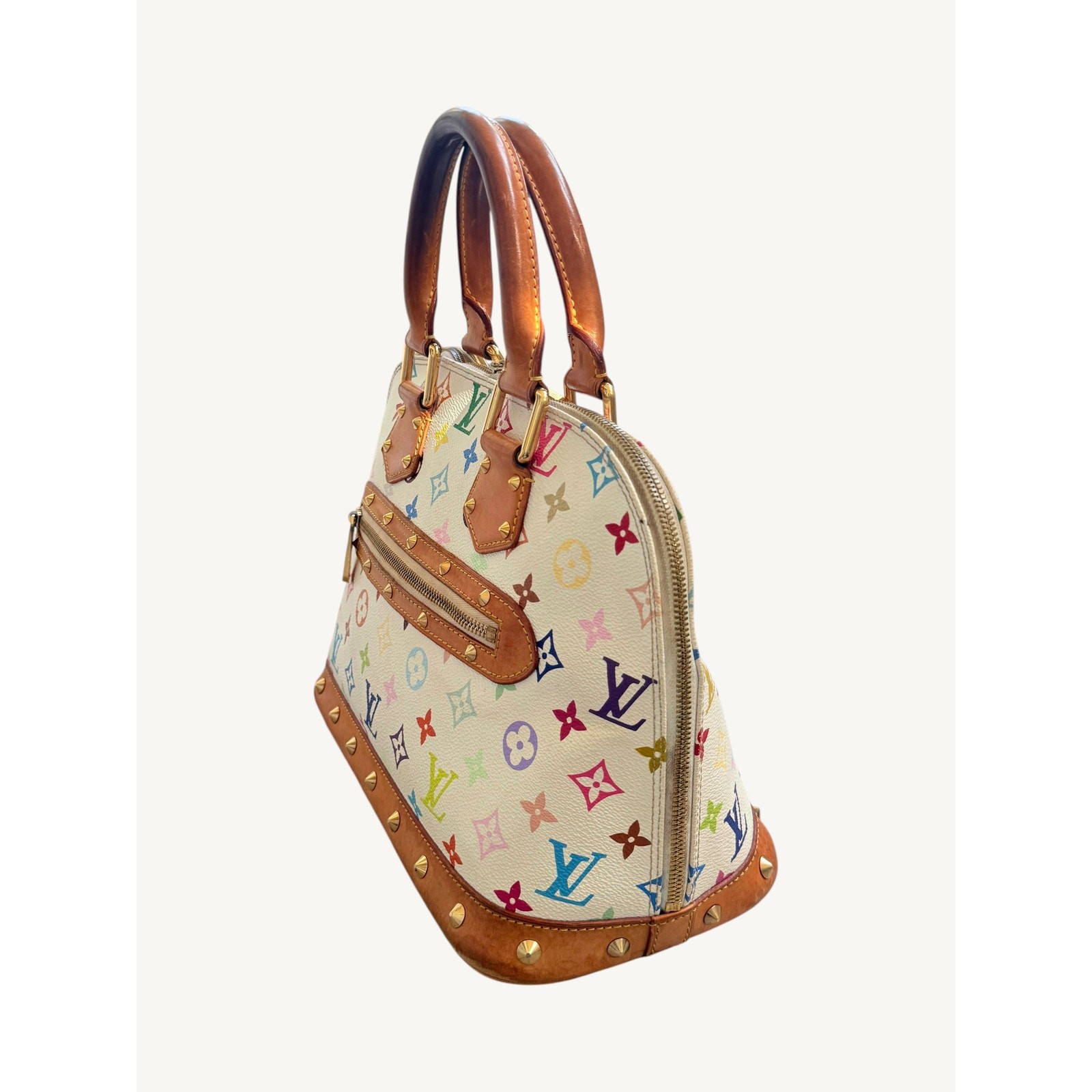 Louis Vuitton x Takashi Murakami Alma MM White Multicolor Monogram Bag Auth