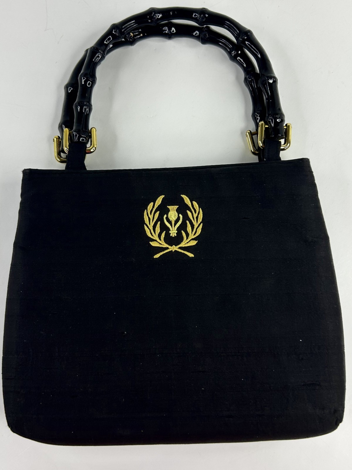 Vintage Mc Designs by Marjorie Purse Black Raw Silk Bamboo Handles Thistle Crest