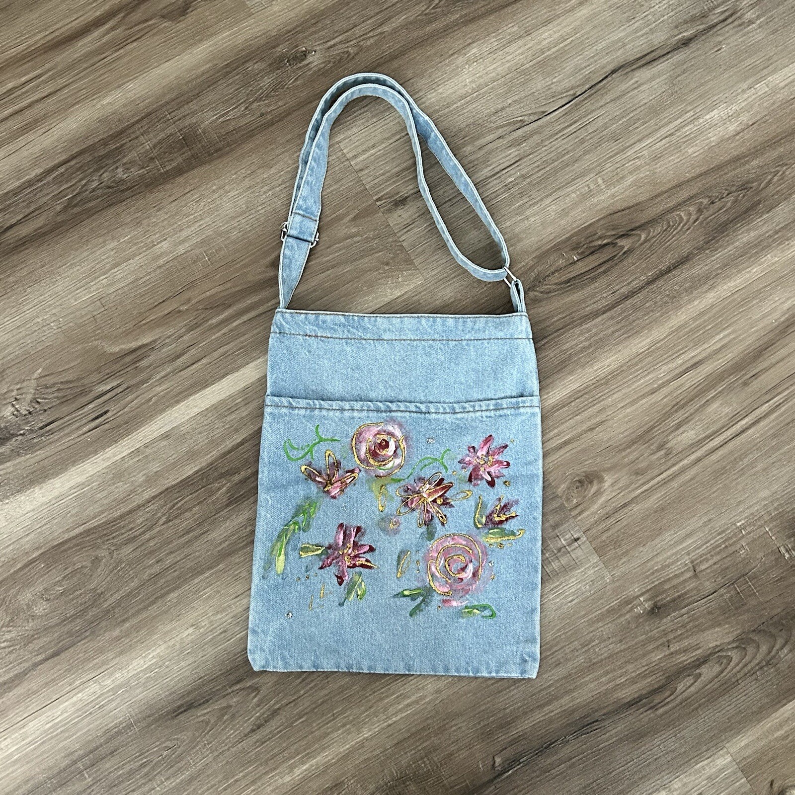 Denim Hand Panted Art Shoulder Cross body Bag Light Wash Unique Girlie Feminine