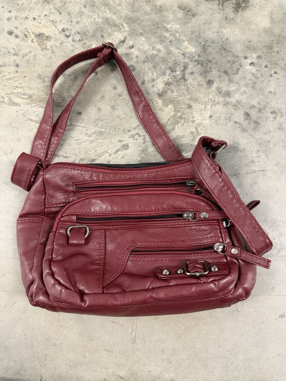 Y2K Burgundy Multi Pocket Crossbody Bag Faux Leather Utility Moto Shoulder Purse
