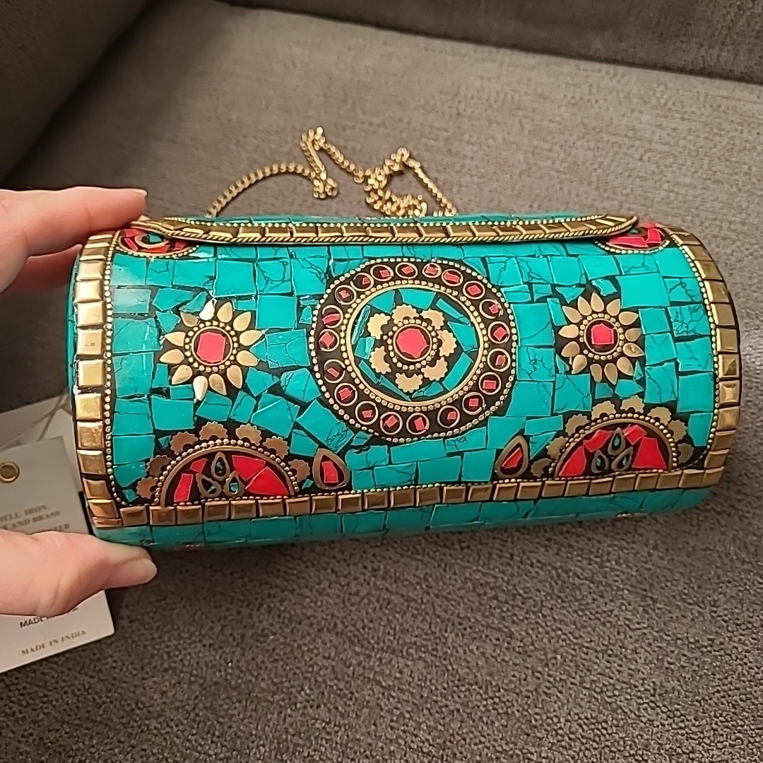 Antik Kraft Mosiac Cylinder Metal Clutch Bag Purse Turquoise Iron Brass India