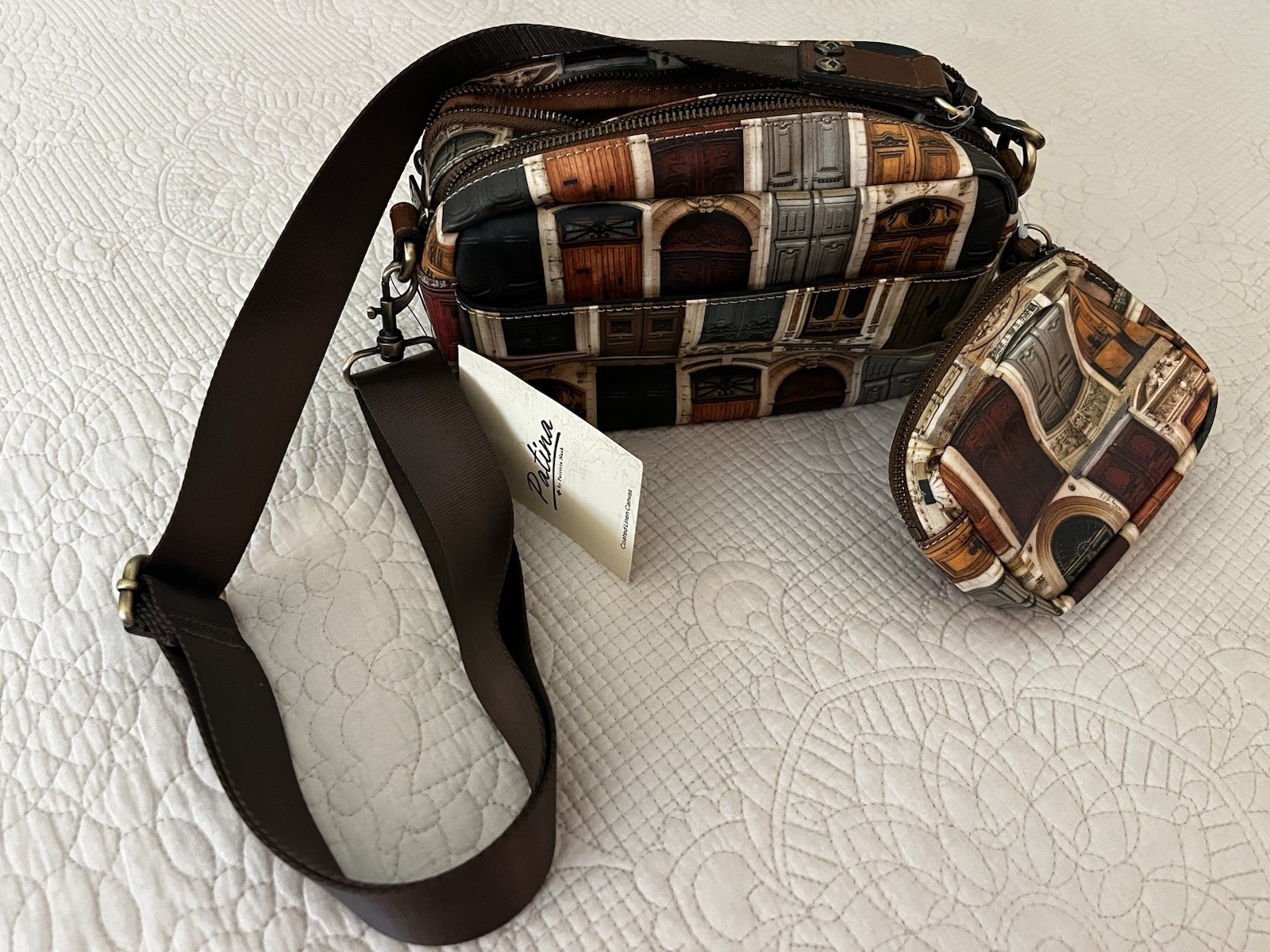 Patricia Nash Piper Patina Coated Linen Crossbody Doorways w/Pouch Dust Bag NWT