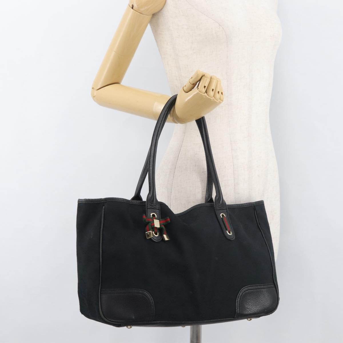 GUCCI GG Canvas Web Sherry Line Pretty Tote Bag Black Gold 163805 Auth 176182