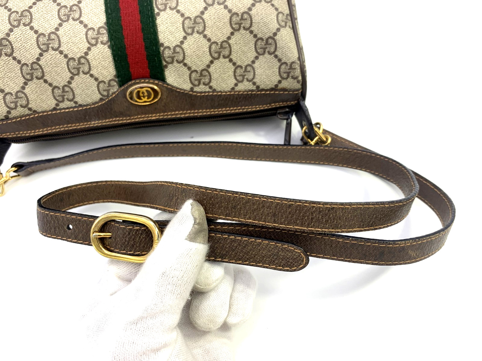 GUCCI VINTAGE Ophidia Shoulder Bag Web Stripe Logo Brown PVC Classic Authentic