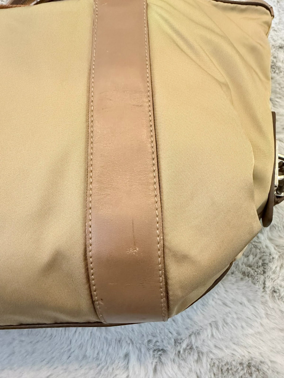 PRADA Tessuto Nylon Handbag Beige Tan Leather Trim Vintage Bowler Bag AUTHENTIC