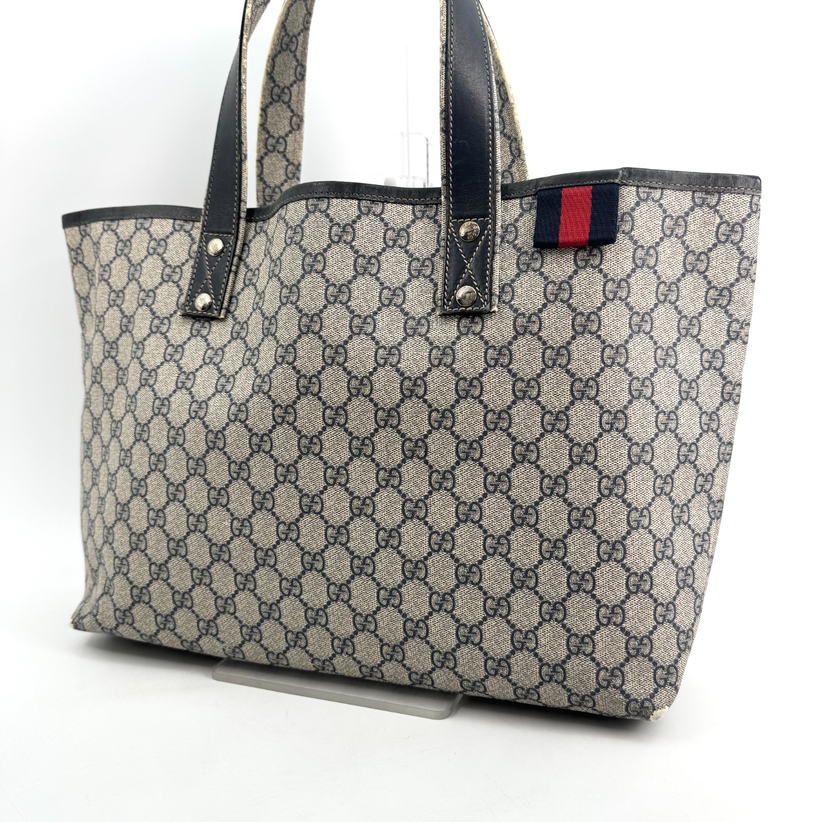 GUCCI GG Supreme Sherry Tote Bag PVC leather navy authentic