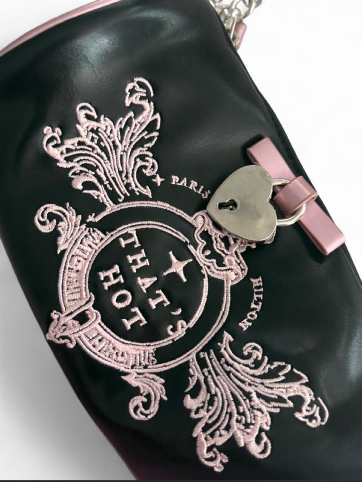 Paris Hilton “That’s Hot” Embroidered Small Shoulder Bag Black/Pink Chain Charm