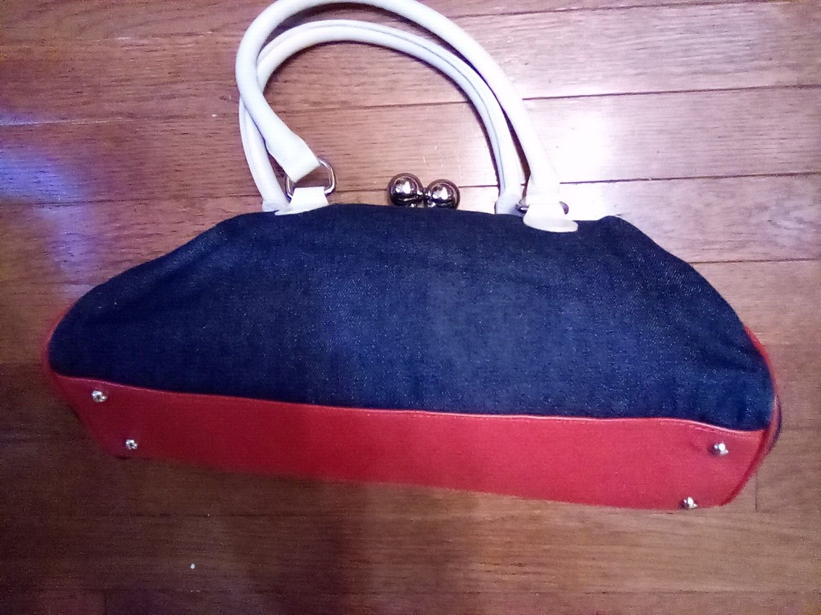 Eurowelkness Purse Kisslock Hard Frame Purse Denim Silver Studs Red White Blue