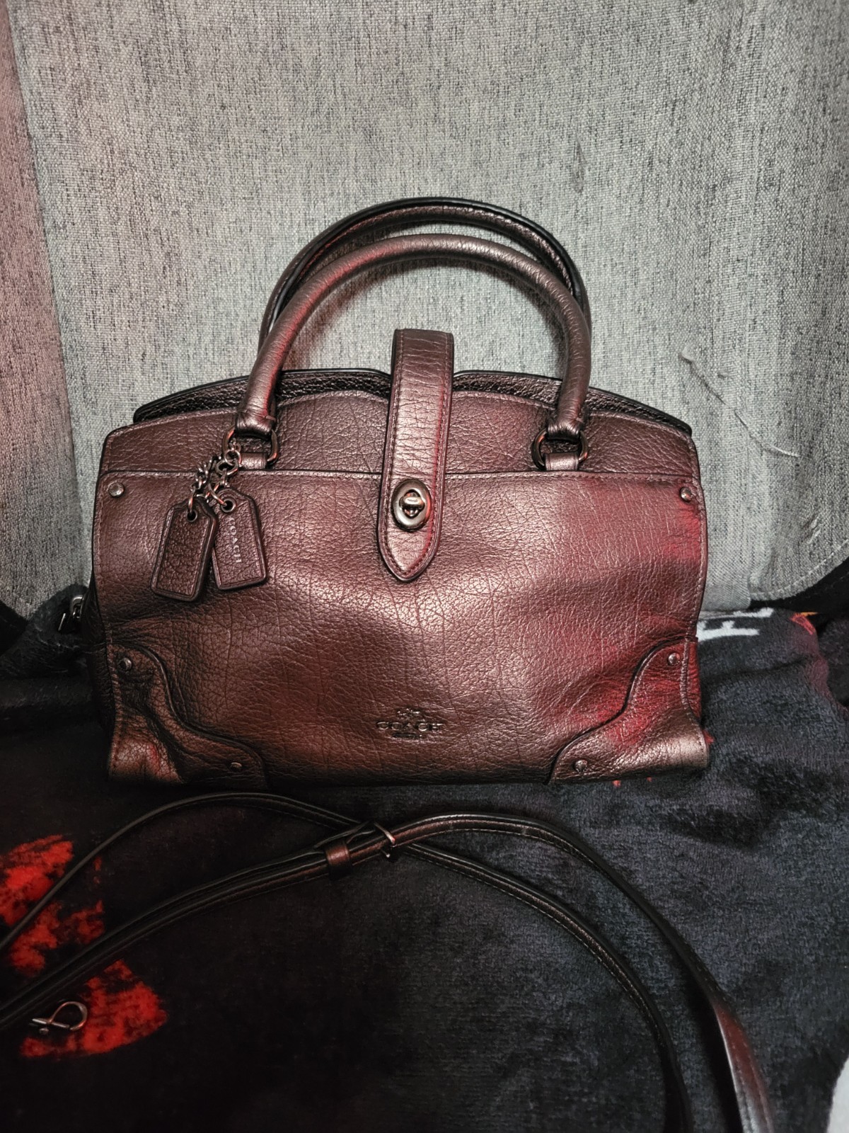 Coach Brown Pebbled Satchel Top Handle Bag Detachable Strap Hang Tag Studs