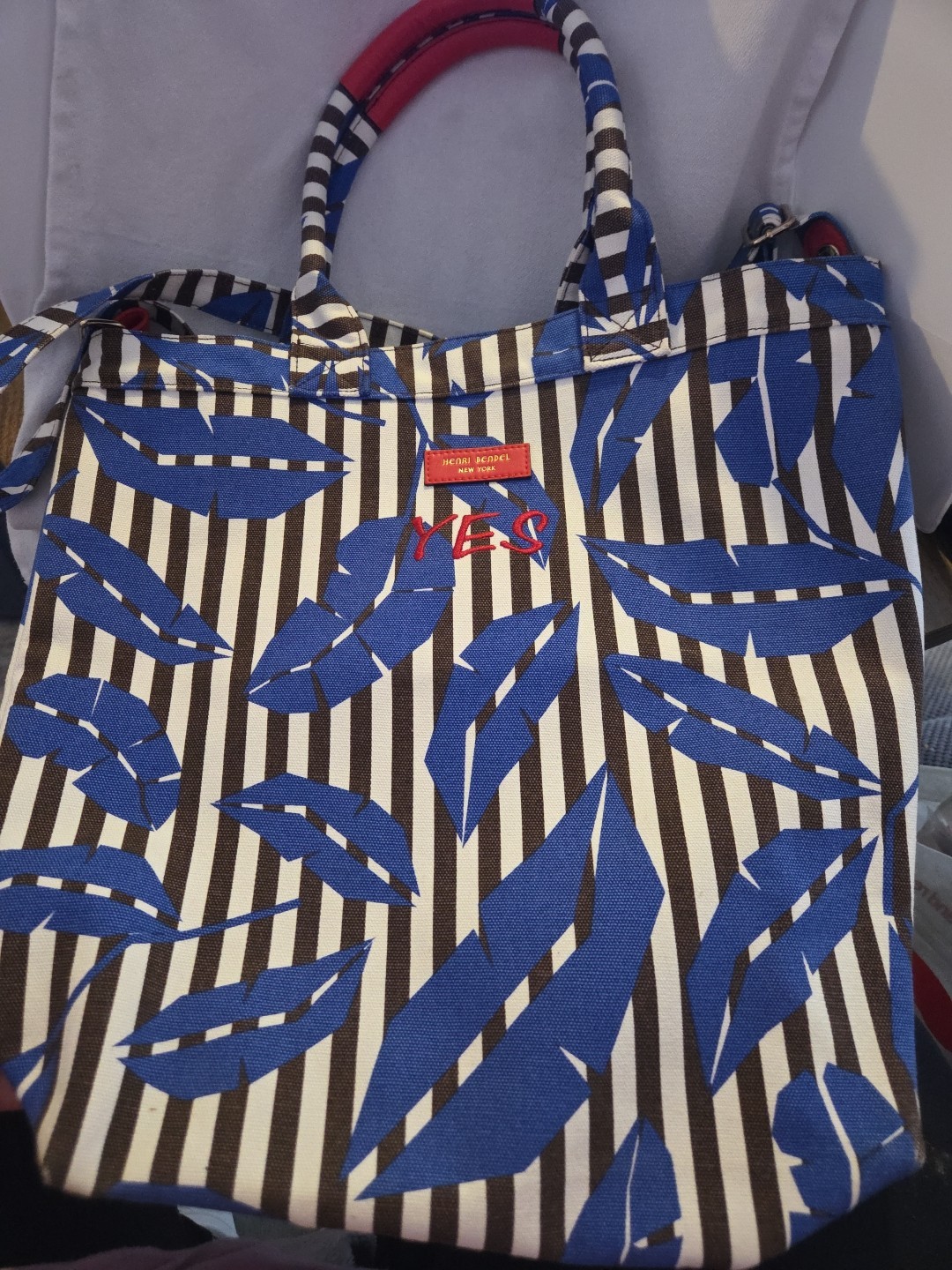 Henri Bendel Canvas Leather Trim Magazine Tote Yes-Stripe Leaf Purse Bag NWOT