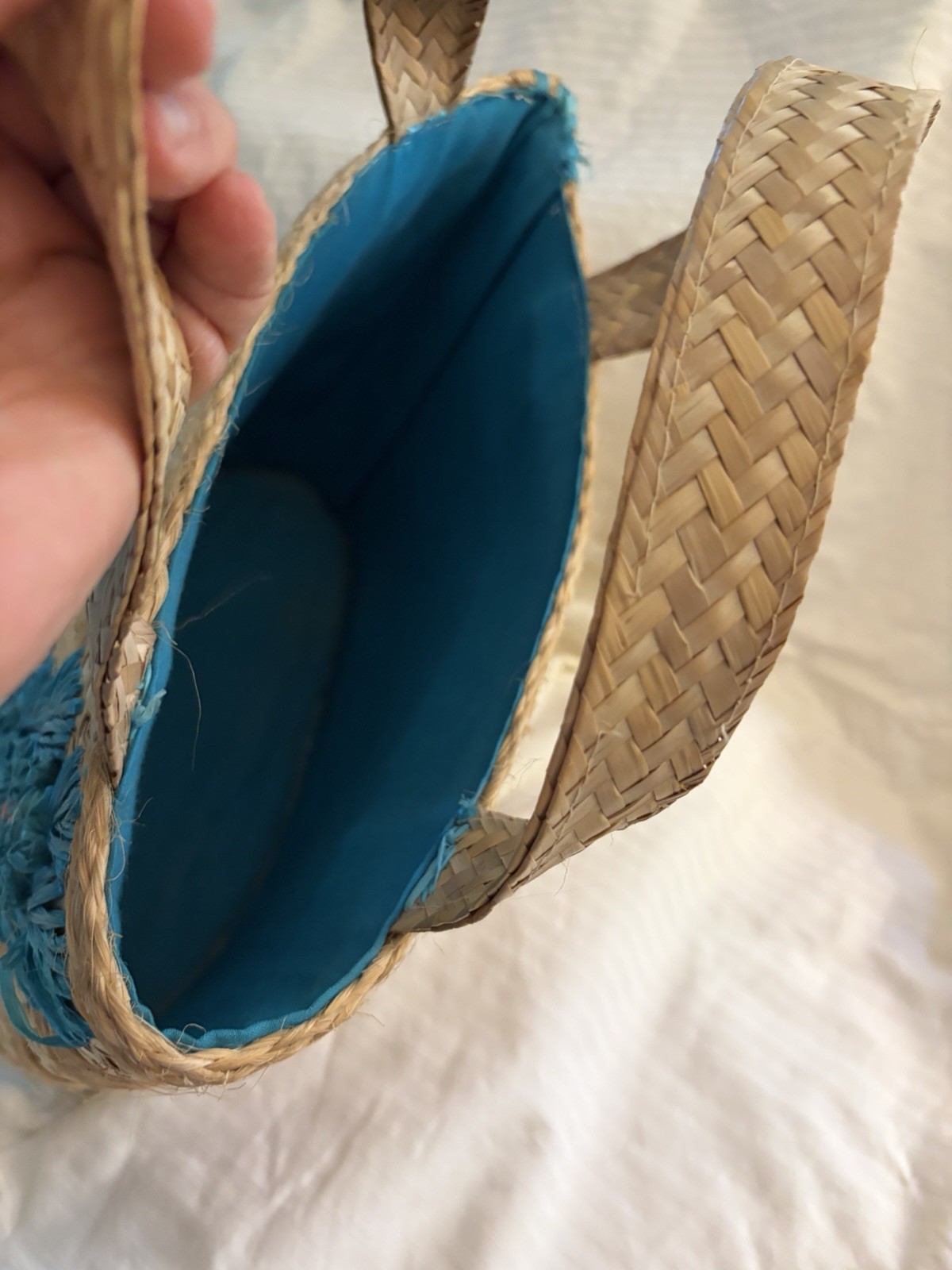 Women’s Medium Woven Tote Handbag, Blue Lined, Beaded Embroidered Trim