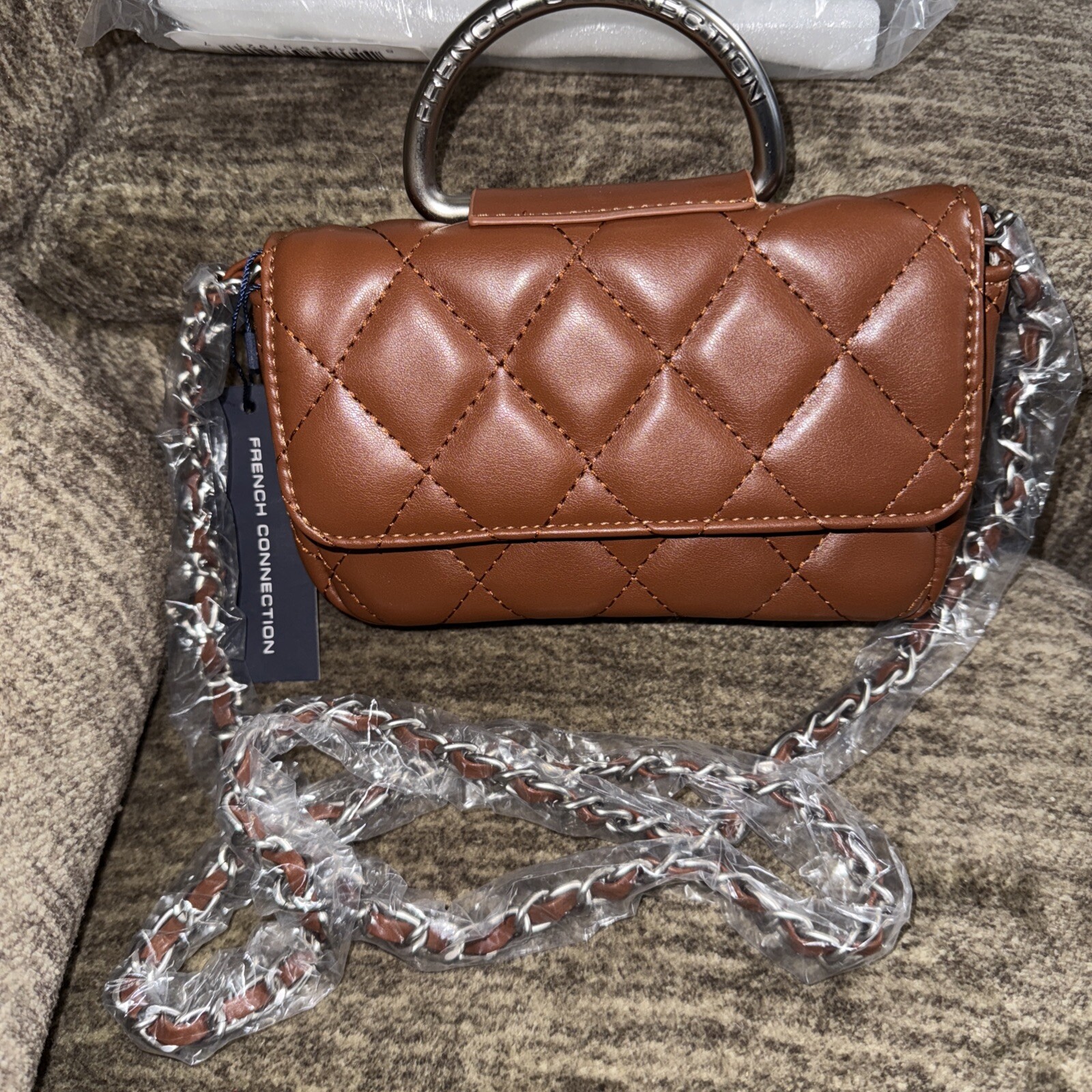 NWT French Connection Quilted Top Handle Crossbody Bag Purse Mocha Bisque $88