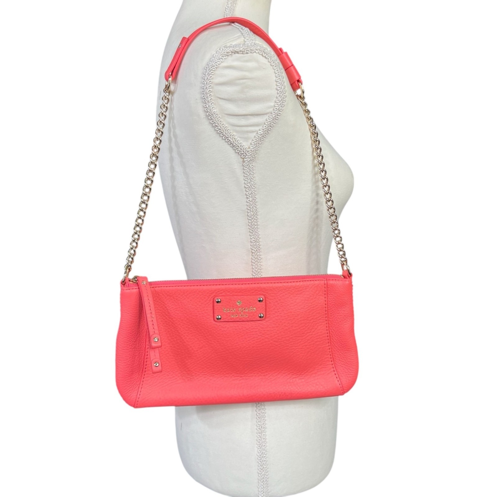 Kate Spade Wellesley Byrd Pebbled Leather Coral Pink Chain Strap Shoulder Bag