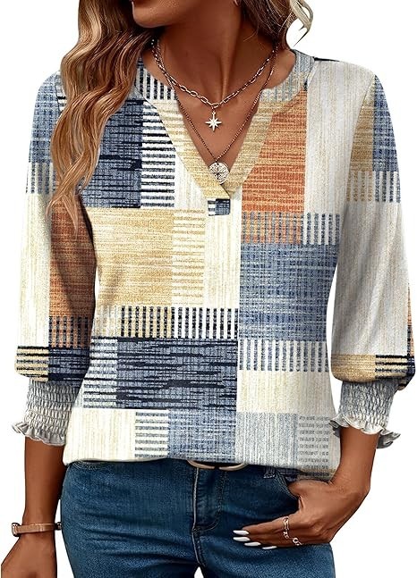 Lomon Women’s Rayon Tunic Top 3/4 Sleeve Vneck Small-4X Orange Blue Block Design