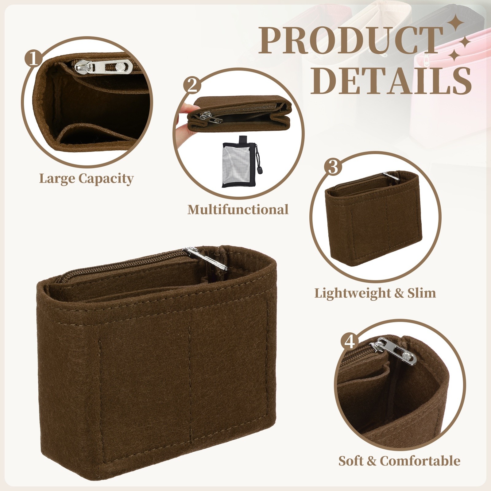 Mini Felt Purse Organizer Insert with Zipper Pouch for Women Phones, Brown