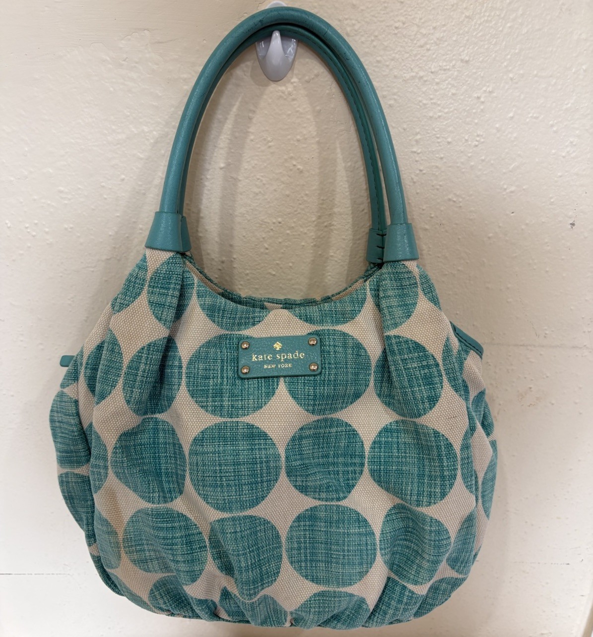 KATE SPADE NEW YORK Karen Cambridge Bag /Hobo Purse Tan & Teal Polka Dots