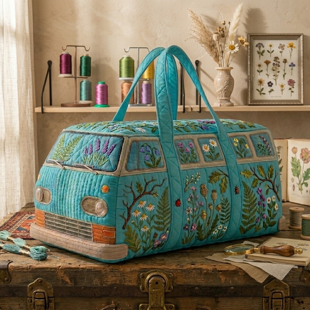 Botanical Retro Bus Duffle Bag Teal Floral Quilted Weekender Travel Bag