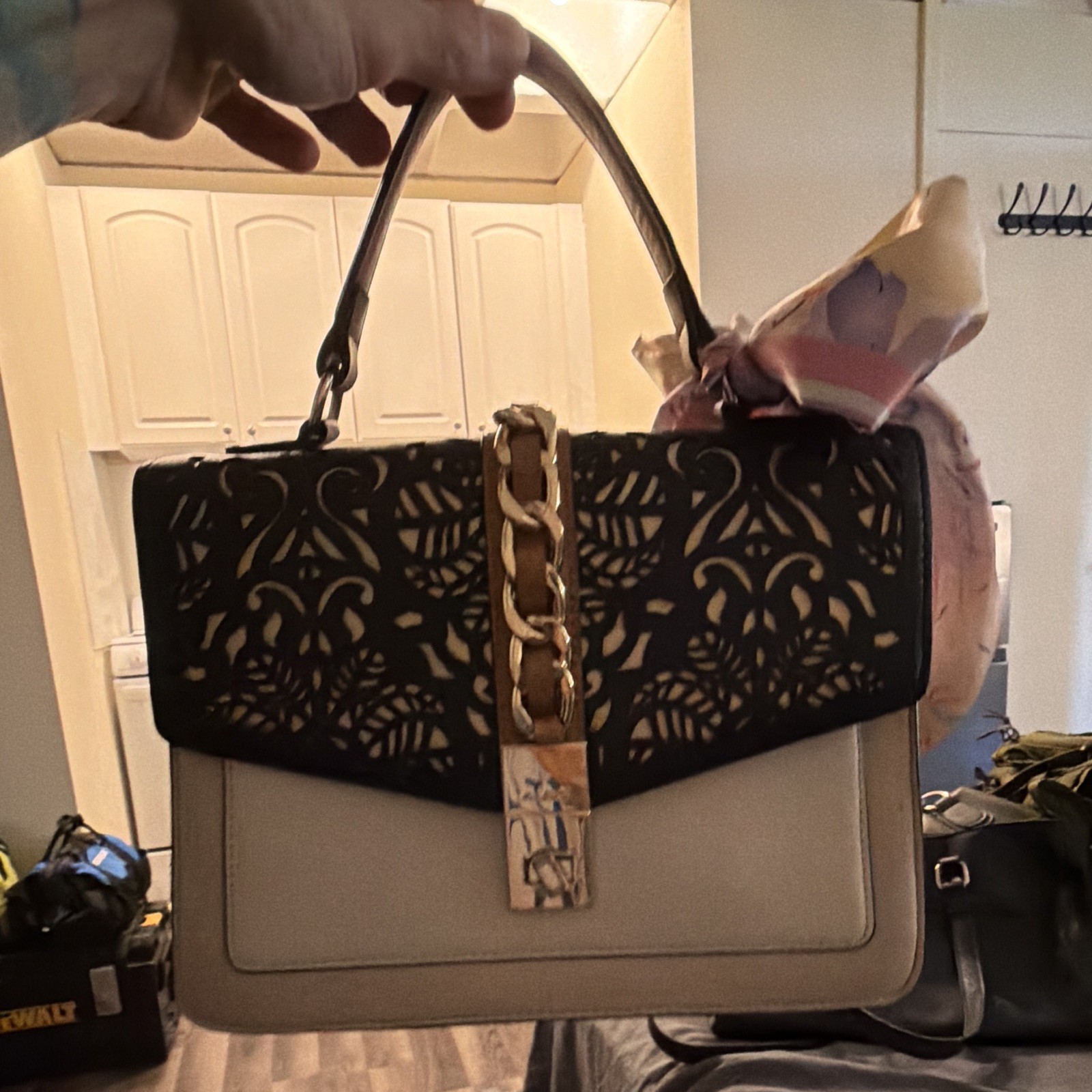 ALDO Beige/Black Medium Top Handle Satchel Cutout Flap, Chain & Bag Charm
