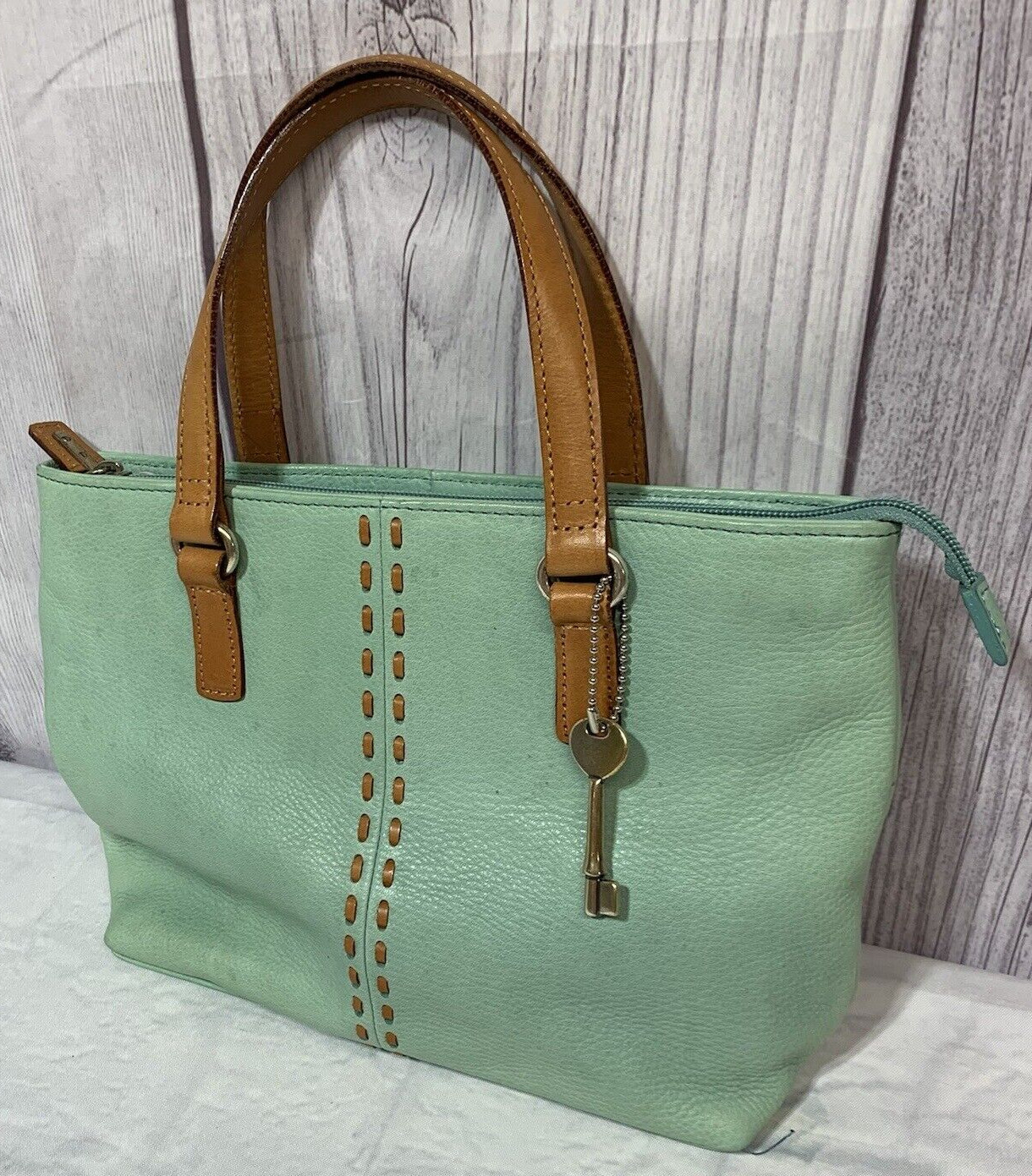 Fossil Pebble Leather Small Mini Satchel Purse Green Triple Entry ZB7013 READ
