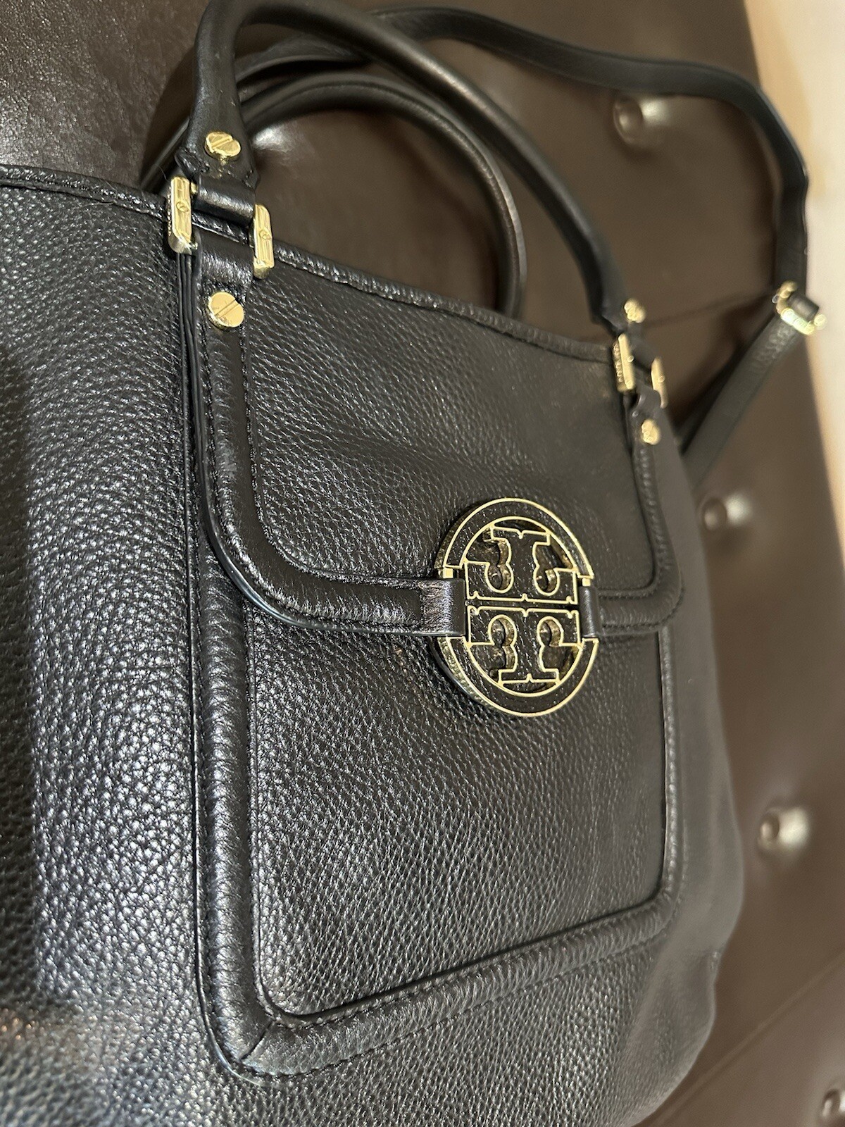 TORY BURCH AMANDA BLACK PEBBLED LEATHER CROSSBODY HOBO TOTE BAG Excellent