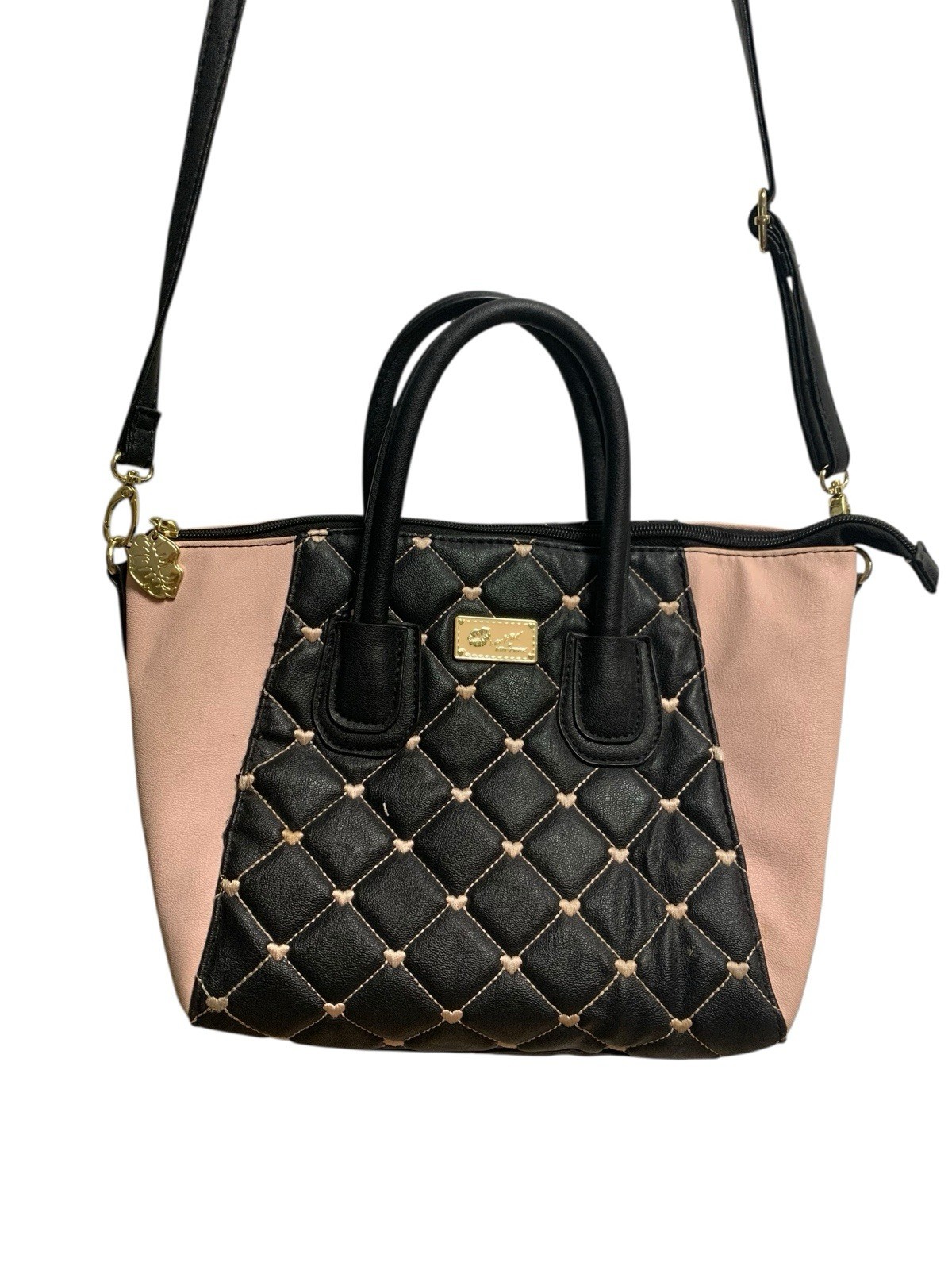Luv Betsy Johnson Black Pink Handbag Purse With Pink Hearts Shoulder Strap READ