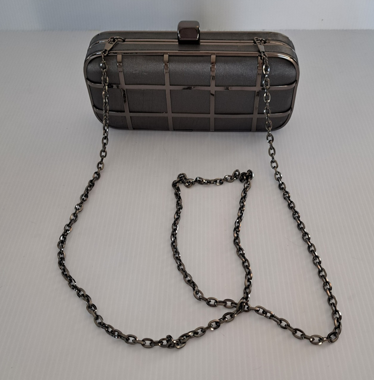 Glint Nordstrom Evening Clutch Bag Gunmetal Silver Metal Cage Grid Box Purse