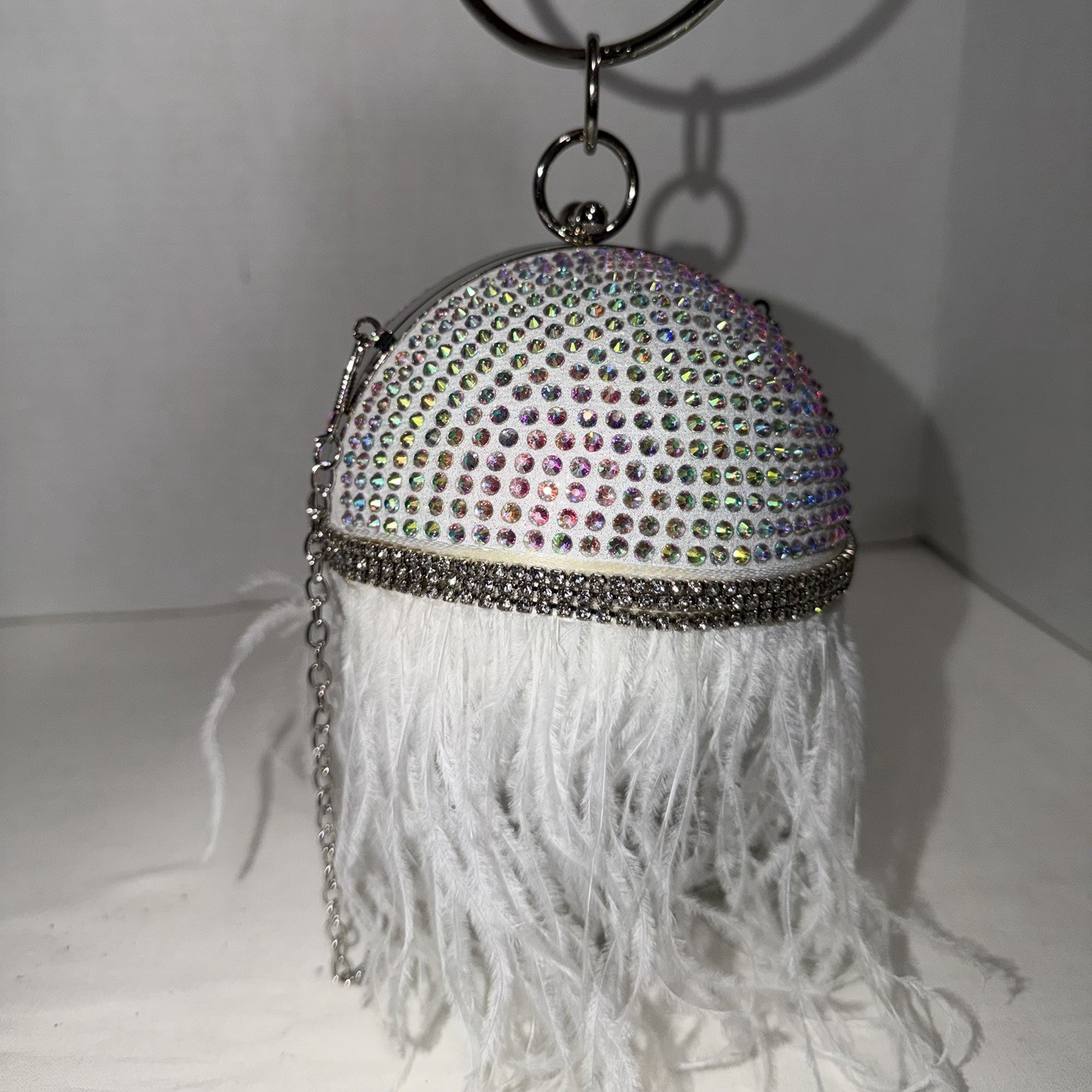 Rhinestone & Iridescent Stones with Faux Ostrich Feathers, 6 Inch Round Purse