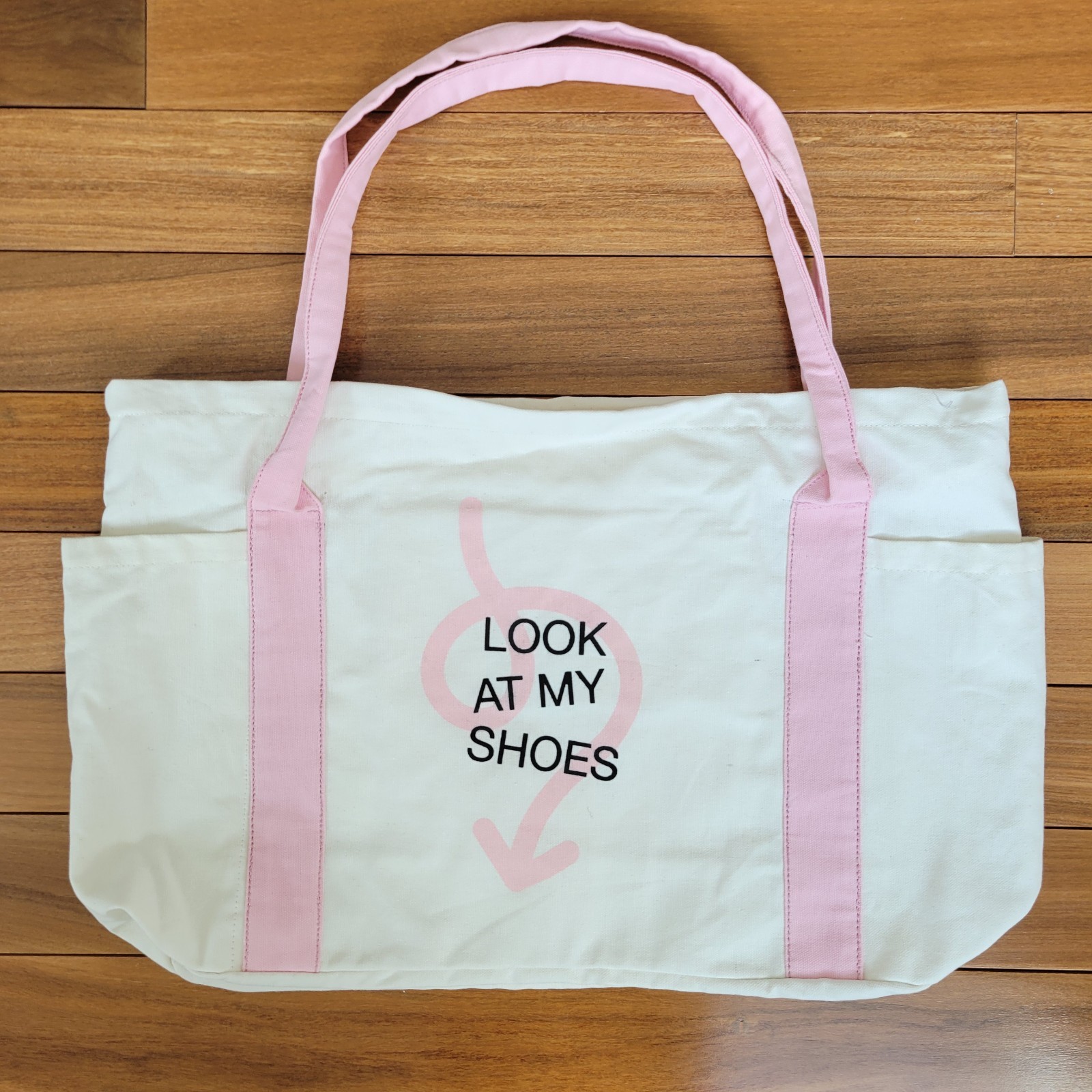 DSW Canvas Tote Bag Ivory/Pink Durable Zipper ” Look At My Shoes” New