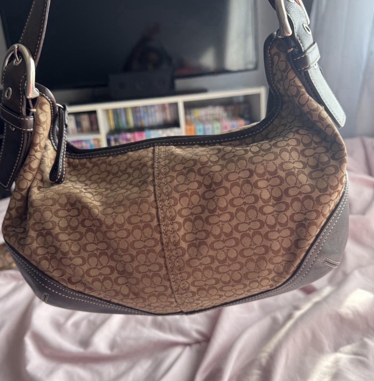 Coach Signature Jacquard Large Soho Hobo Bag Brown Tan Leather E06K-6266 Y2K