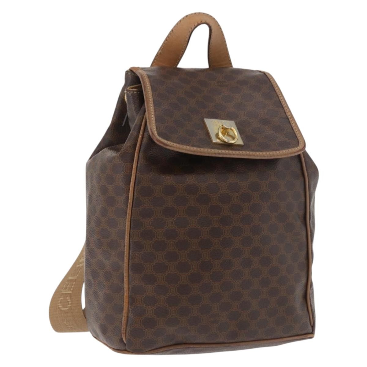 CELINE Macadam Canvas Backpack PVC Leather Brown Gold Auth bs35412
