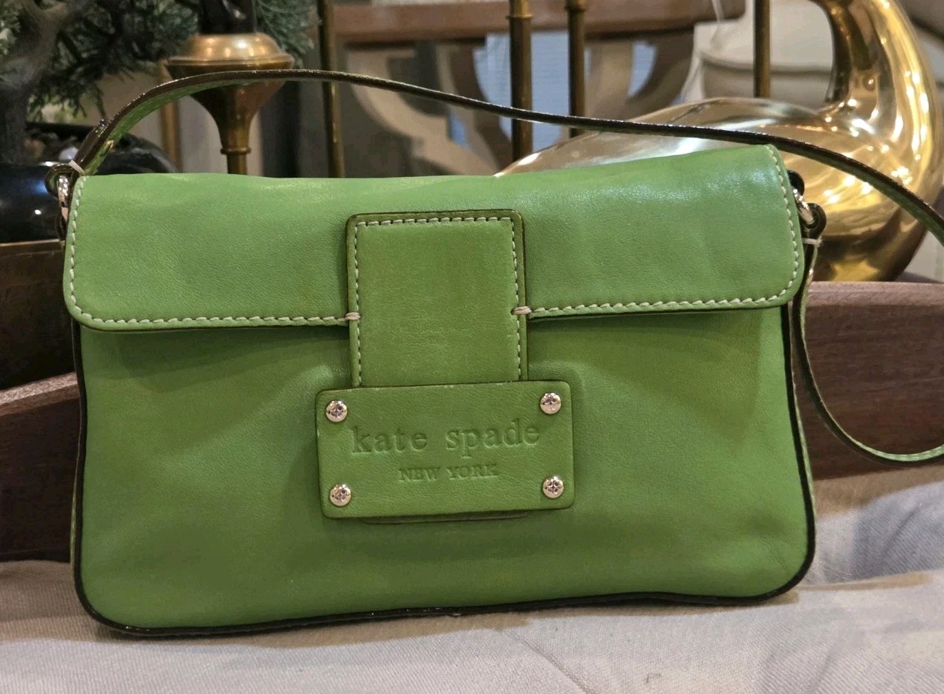 Vintage Y2K Kate Spade Green Leather Baguette Shoulder Bag Archival Grunge