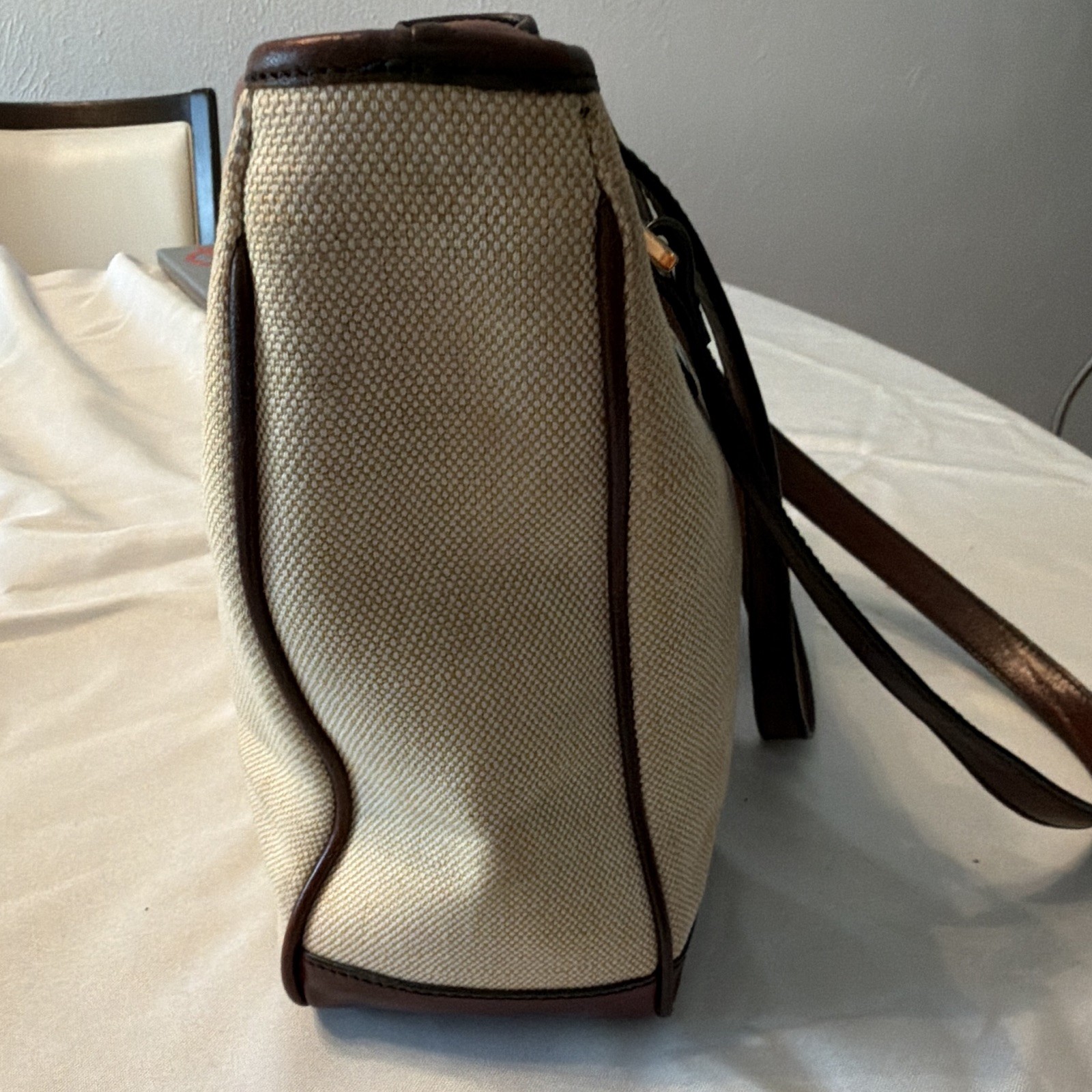 Oroton Sydney Beige Brown Tote Zip Top Pouch Gold Hardware Double Handles