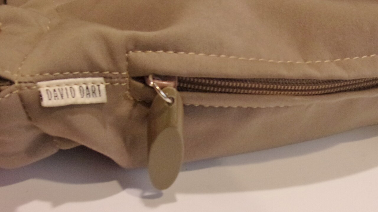 Vtg David Dart Khaki Tan Heavy Nylon Canvas, Lucite Accents Drawstring Sh. Bag