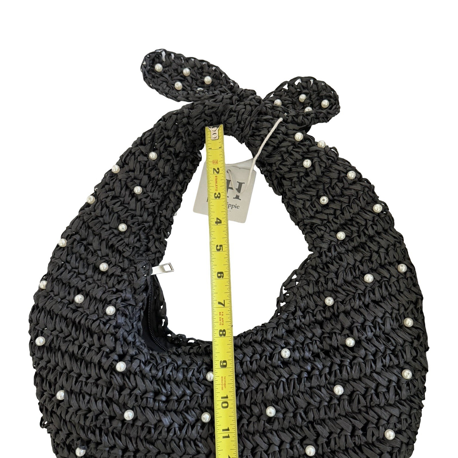 Haute Hippie Straw Woven Pearl Beaded Shoulder Bag Black Zip Closure Handbag NEW