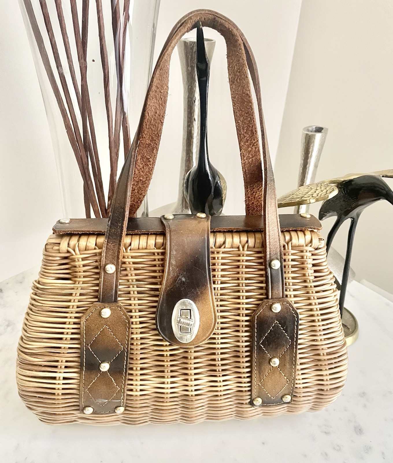 Vintage, Brown Wicker Style Handbag- 10.5in x 7in x 3.5in