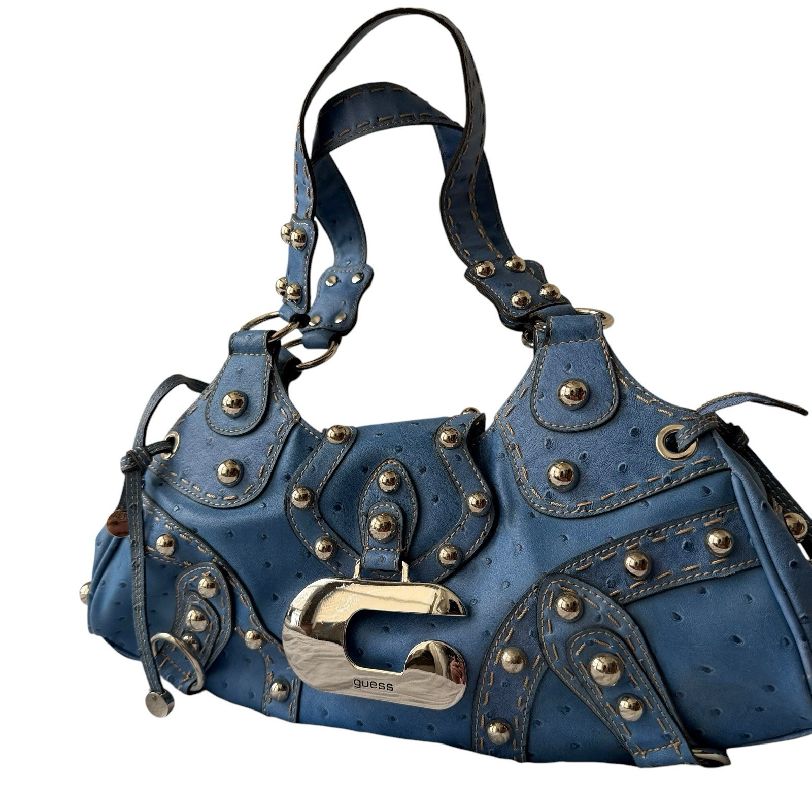 Vintage Guess Y2K Blue Exotic Vegan Leather Handbag Silver Hardware Purse