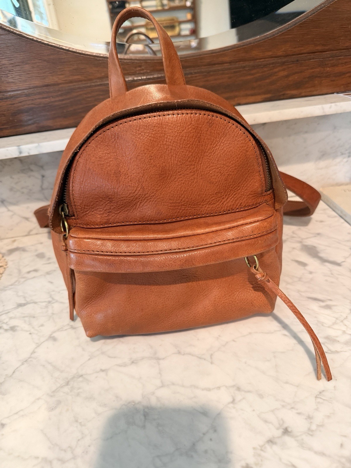 Madewell Mini Lorimer Backpack English Saddle Brown 9x8x3 4” handle drop