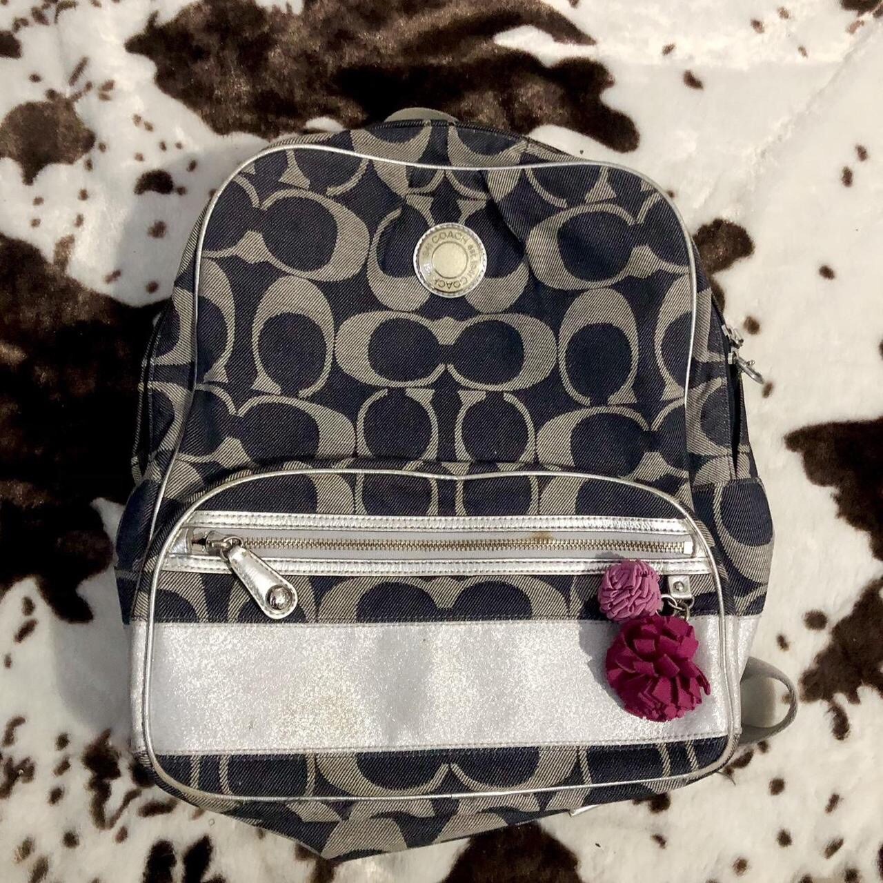 Coach Signature Denim & Silver Stripe Poppy Backpack F19691 Book Bag 2000s Y2K