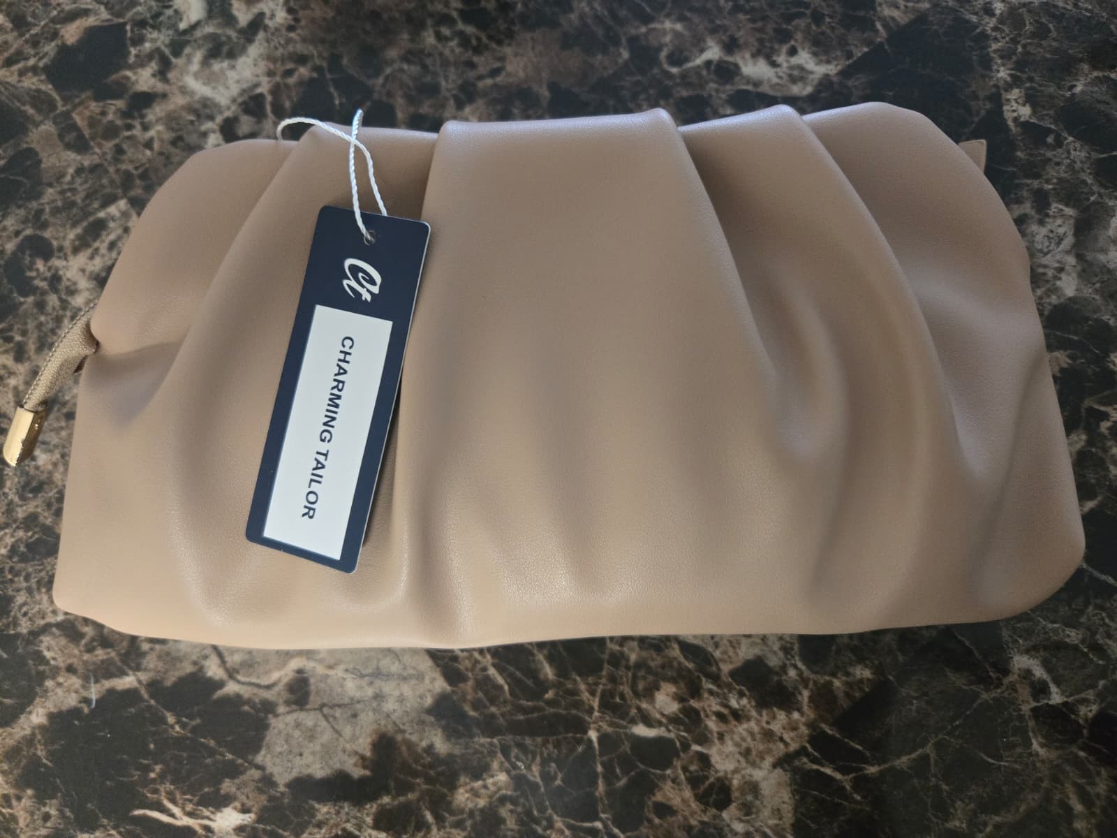 Charming Tailor Beige Pleated Zip Clutch with Gold Chain Strap