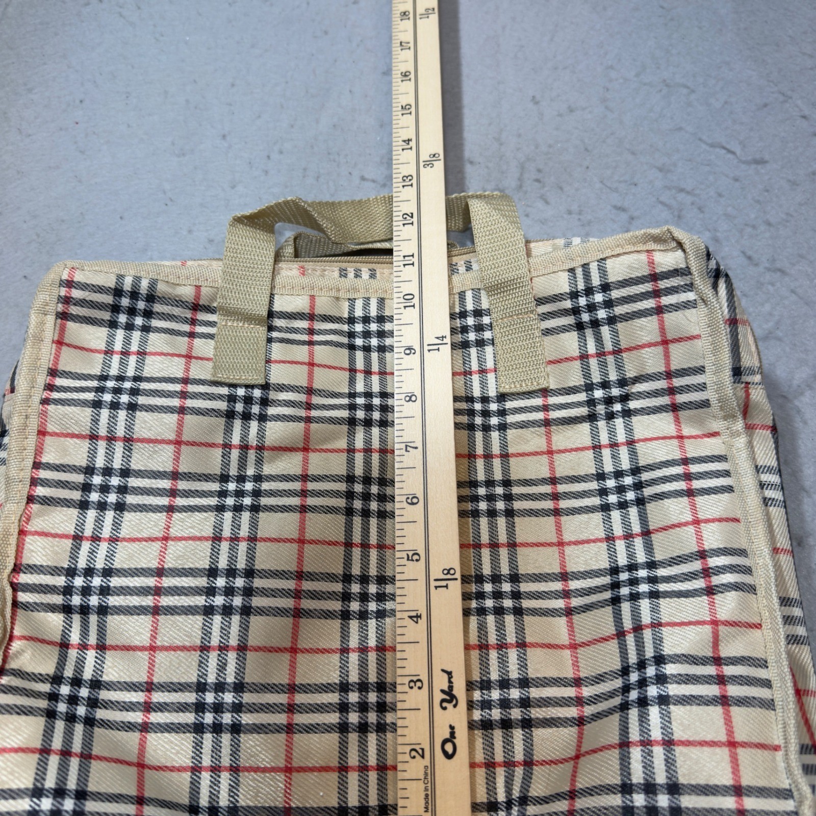Vintage Style Plaid Check Tote Bag Beige Red Black Zippered Handbag Utility