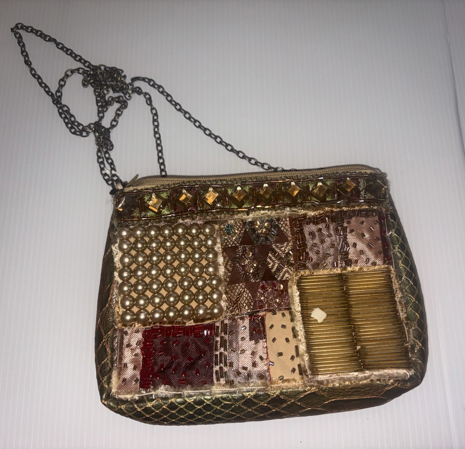 Vtg Mary Frances Beaded Handbag Purse Bronze Gold Pearls Chain Zip Top Lined