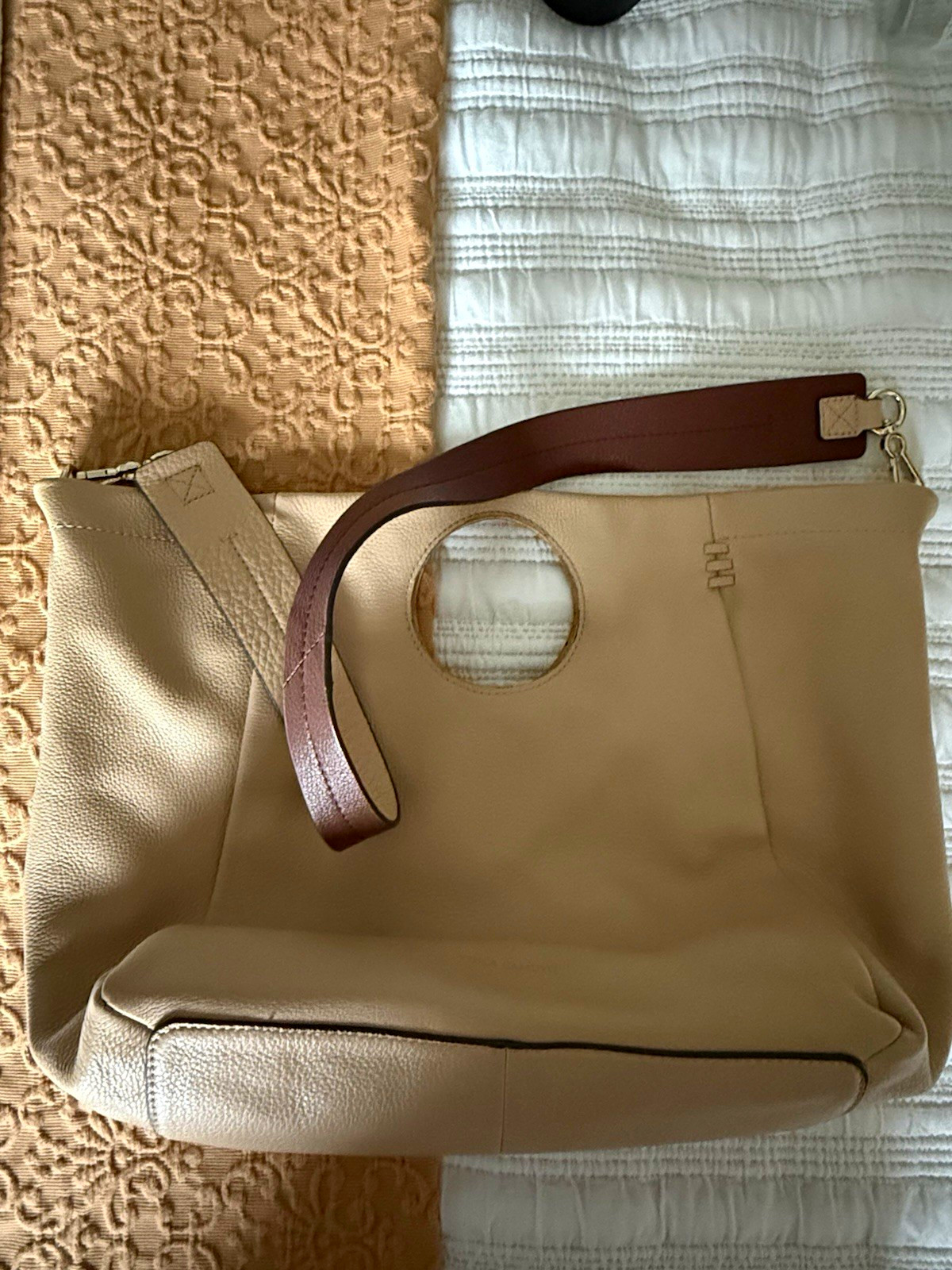 Vince Camuto Bea Cream Pebbled Leather O Ring Handle & Two-Tone Shoulder Strap
