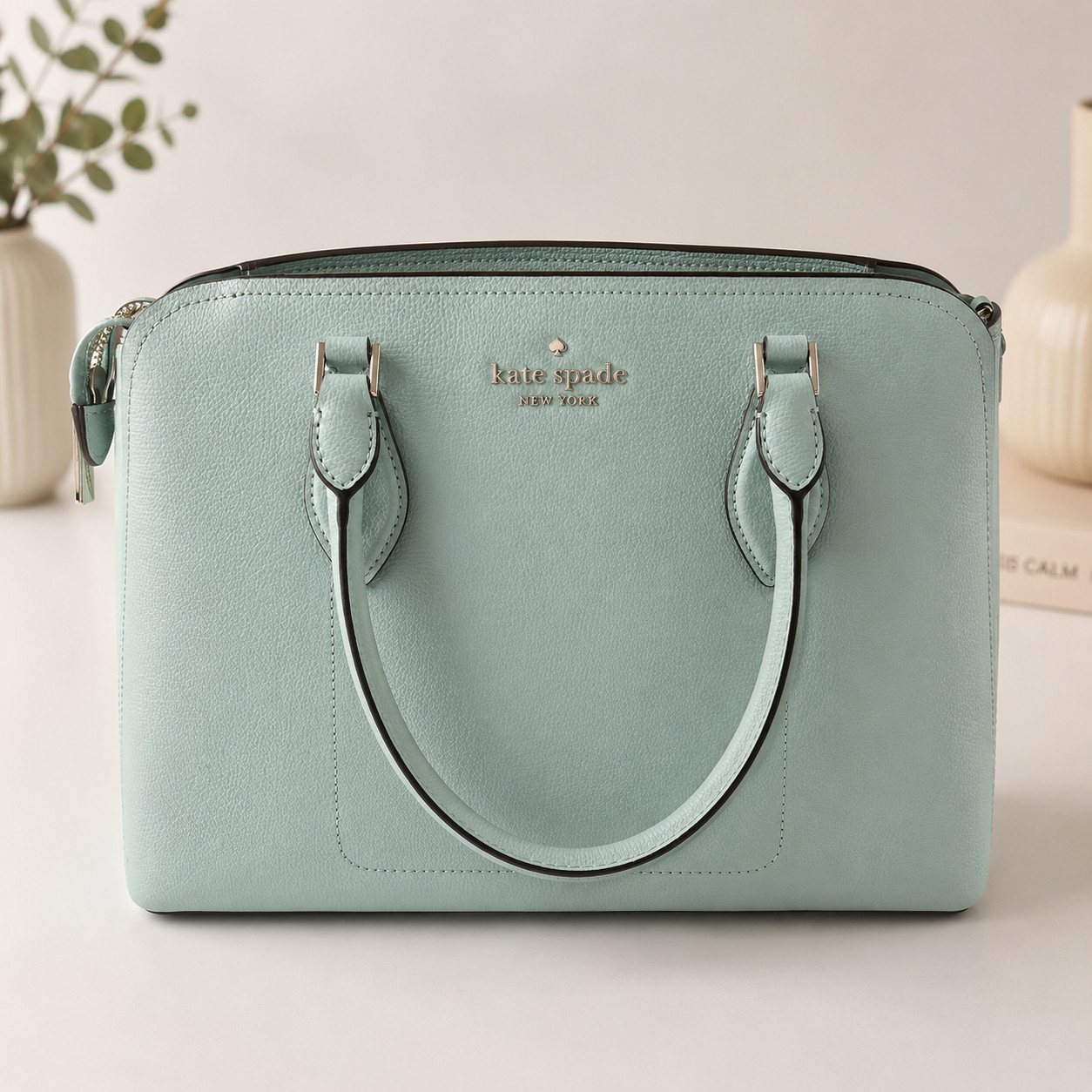 Kate Spade NY Spring Meadow Tote Bag Logo 2 Handle Purse Satchel Teal Mint Used