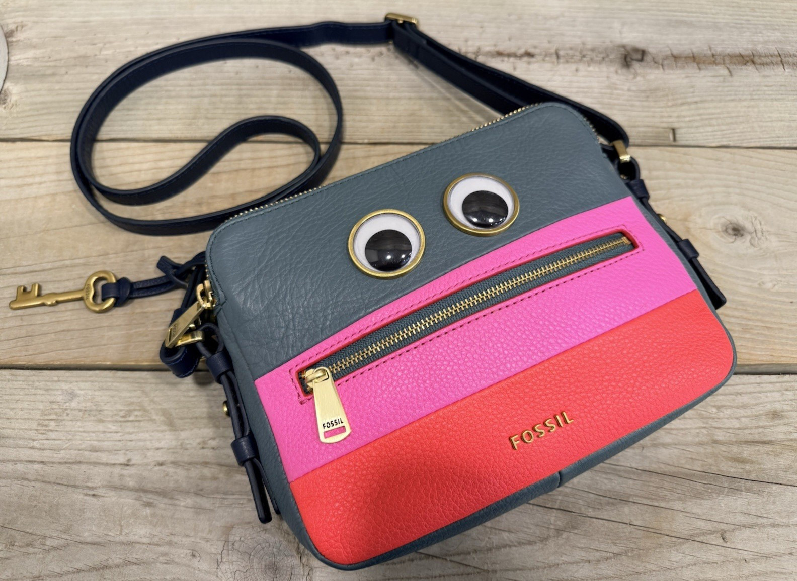 Fossil Piper Bot Toaster Googly Eye Bag Teal Pink Coral Crossbody