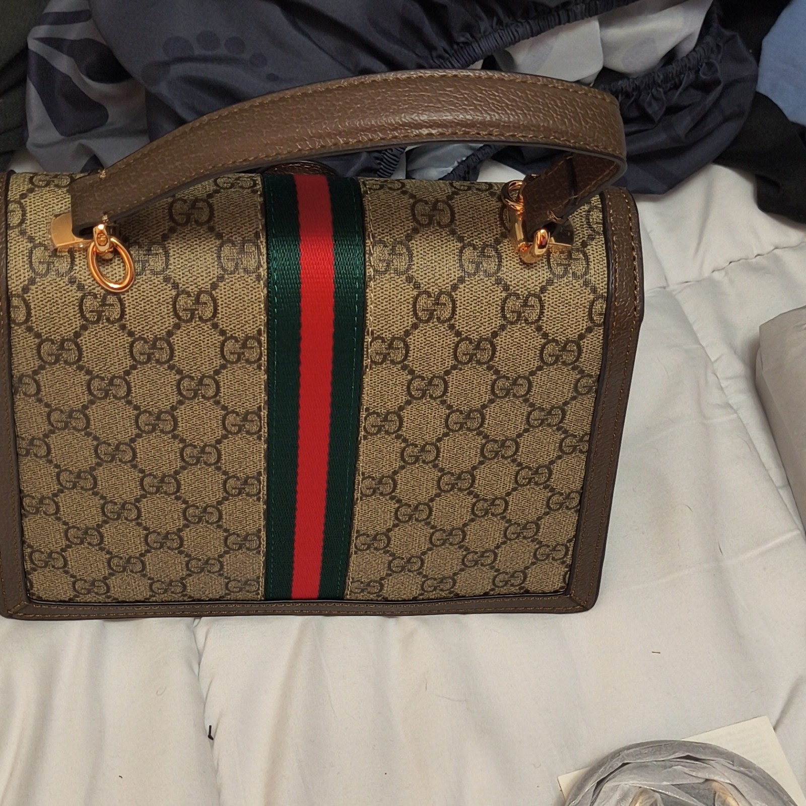 Gucci GG Monogram Top Handle Bag Web Stripe Gold Hardware Adjustable Strap