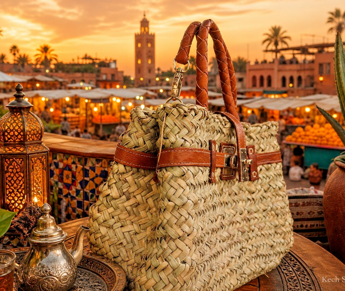 Handmade Moroccan Straw Tote Bag: Leather Straps, Bohemian Beach Bag
