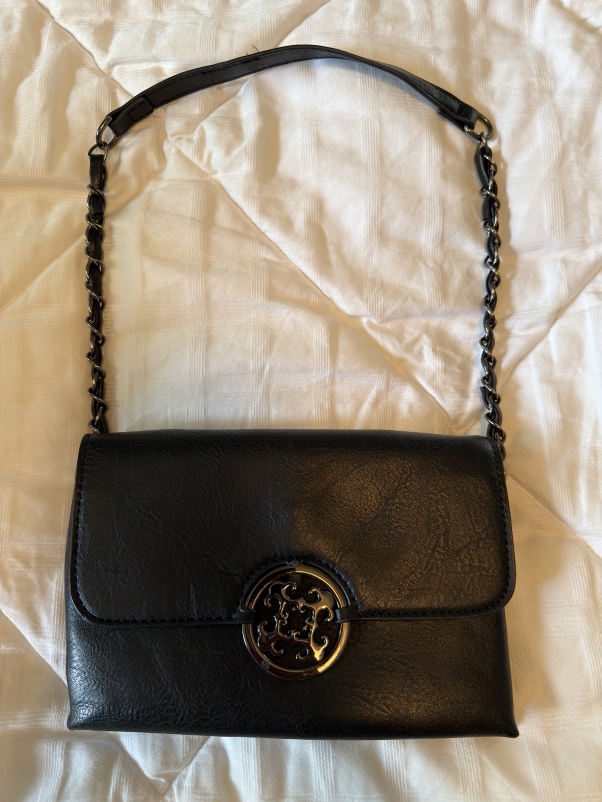Sam and Hadley Black Vegan Leather Shoulder Strap Clutch Purse Metal Hardware
