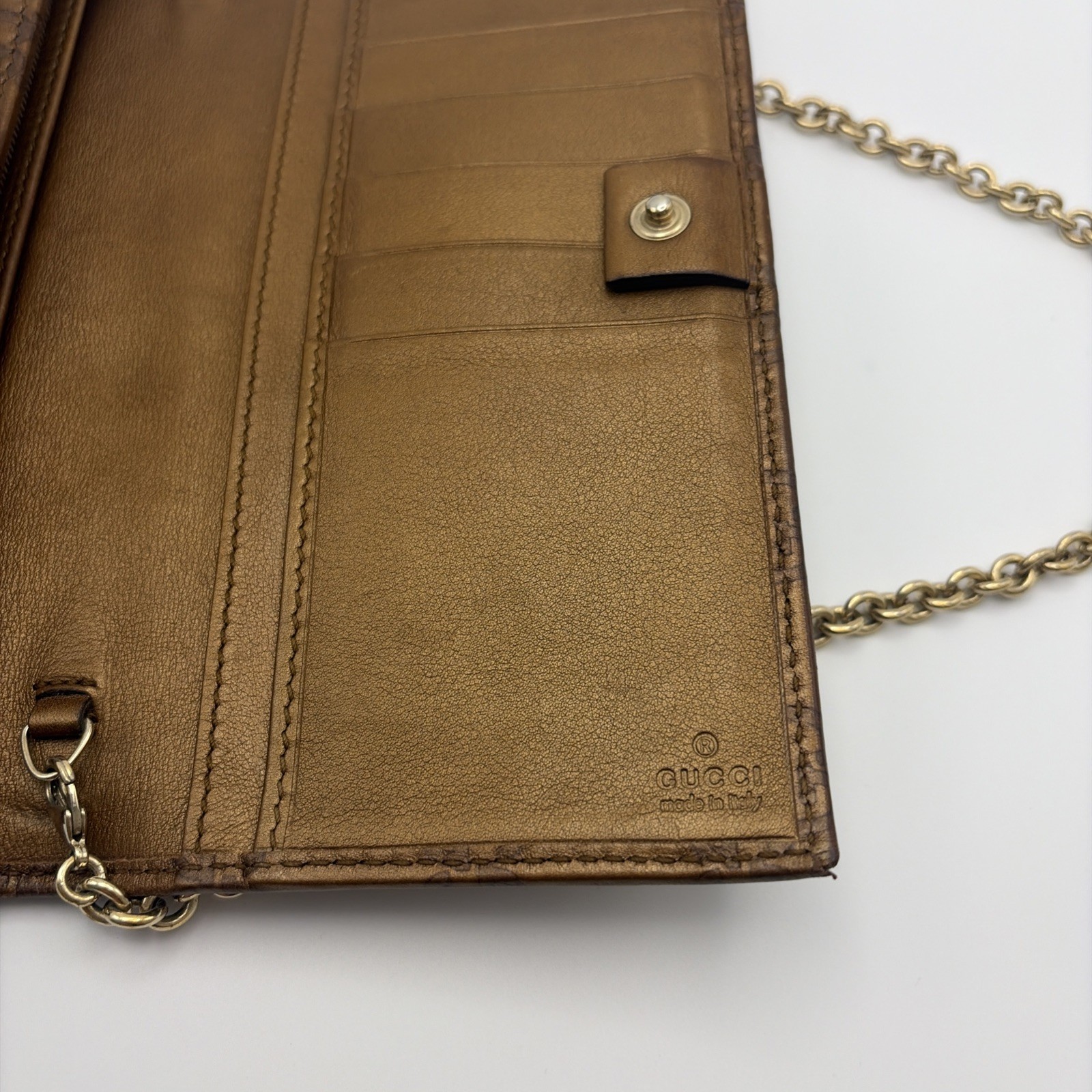 Gucci 170426 light brown leather long wallet and gold chain shoulder bag